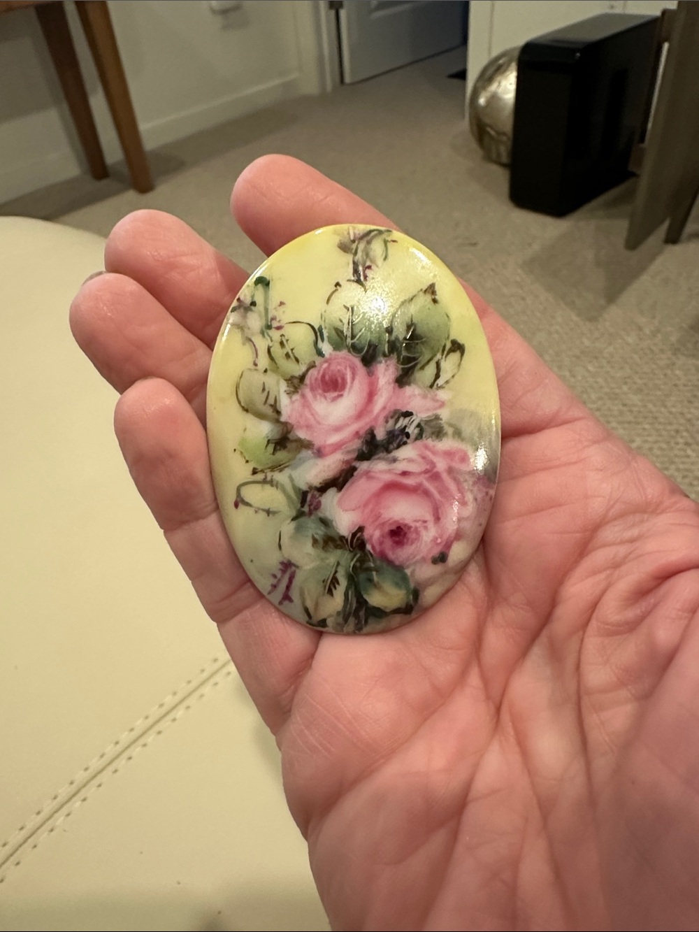 Vintage Floral Porcelain Brooch with Pink Roses